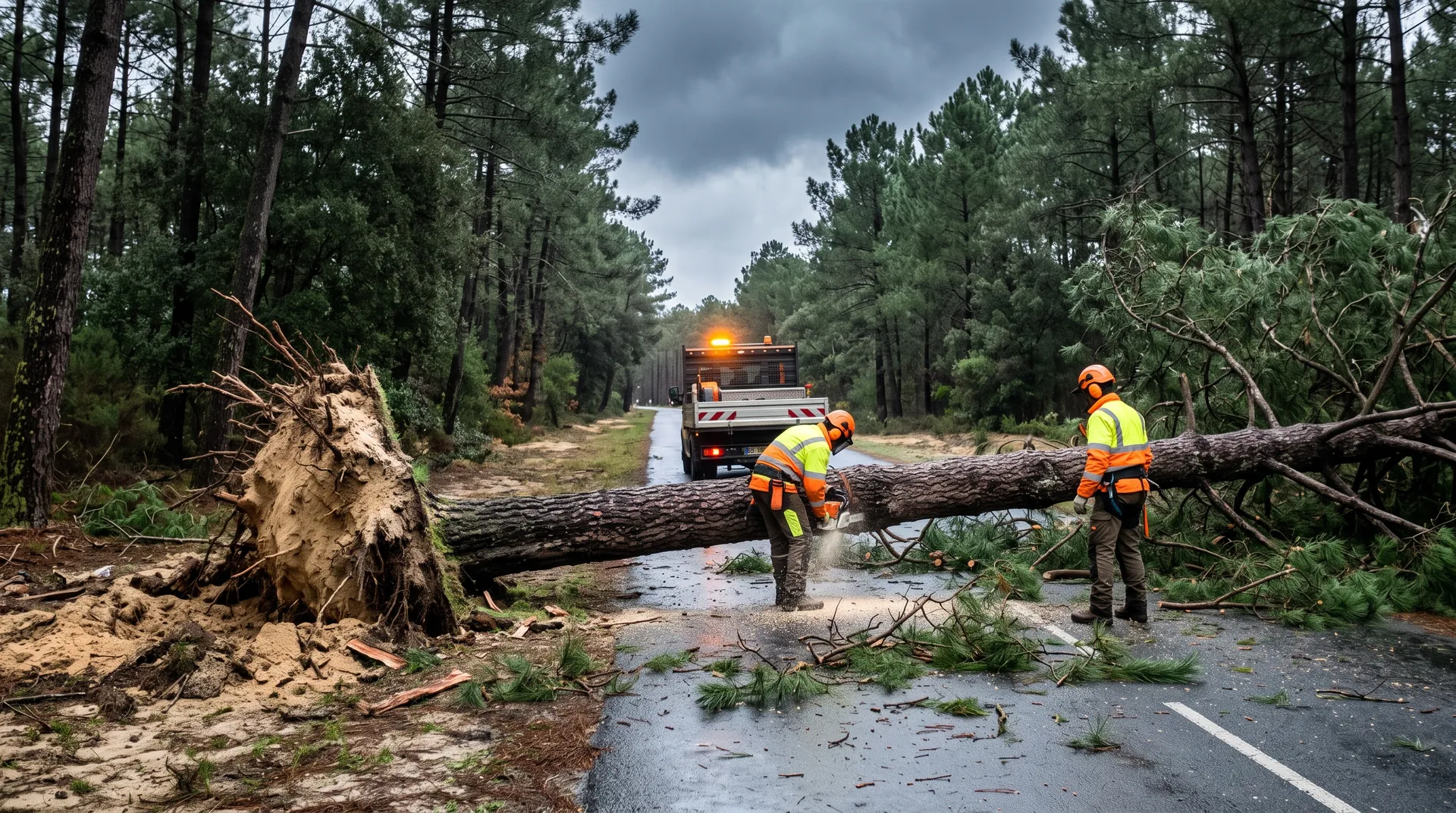 Après une tempête, un pin déraciné barre une route forestière ; deux élagueurs le découpent
